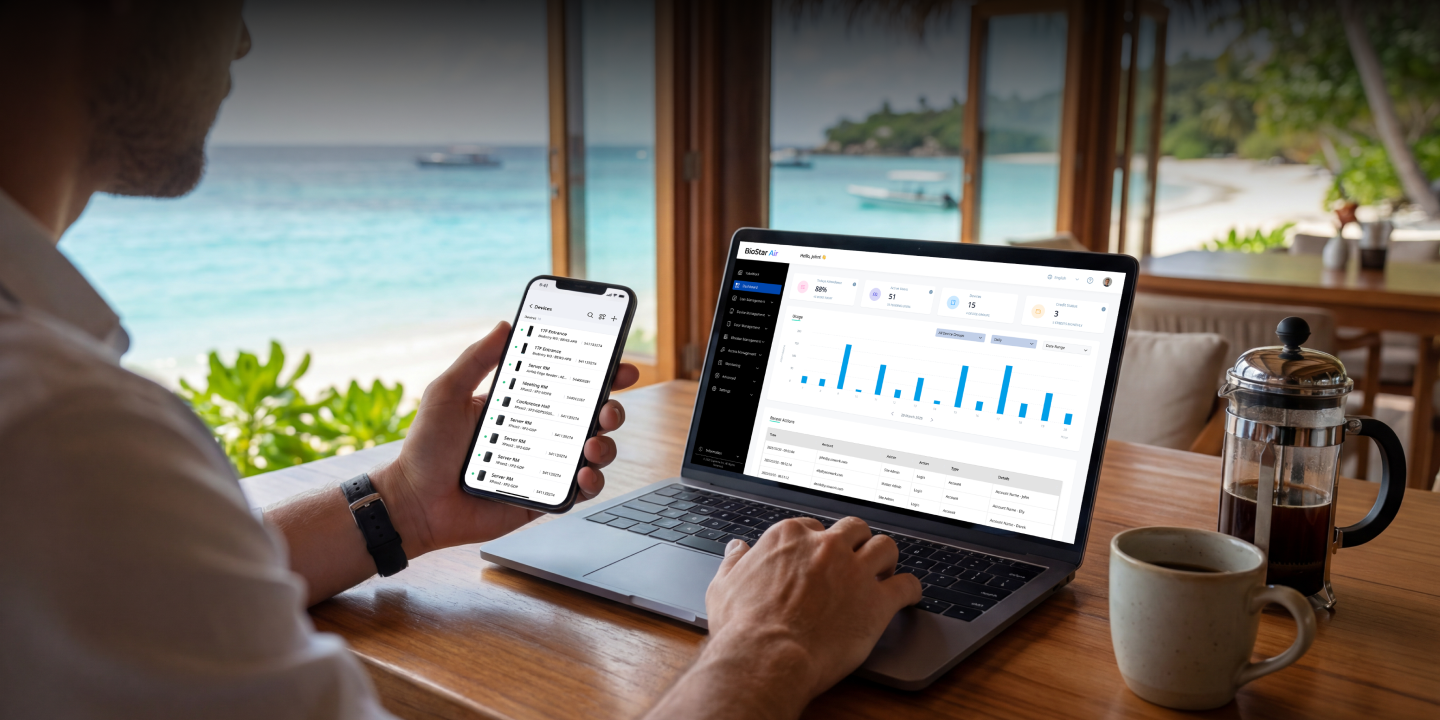 BioStar Air cloud access control central dashboard viewed on desktop and mobile