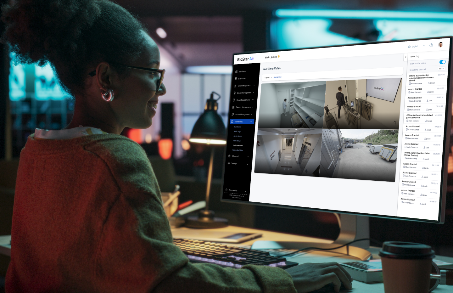 Space Manager monitoring real-time CCTV feeds using the BioStar Air cloud access control platform.