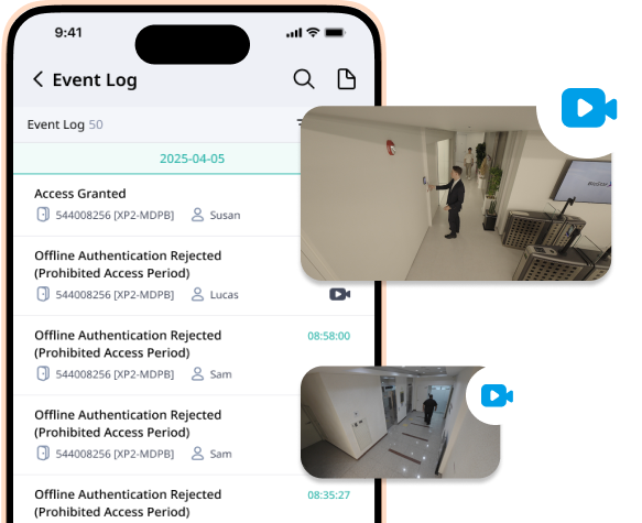 Mobile view of BioStar Air event logs with access status, timestamps, and real-time alert icons